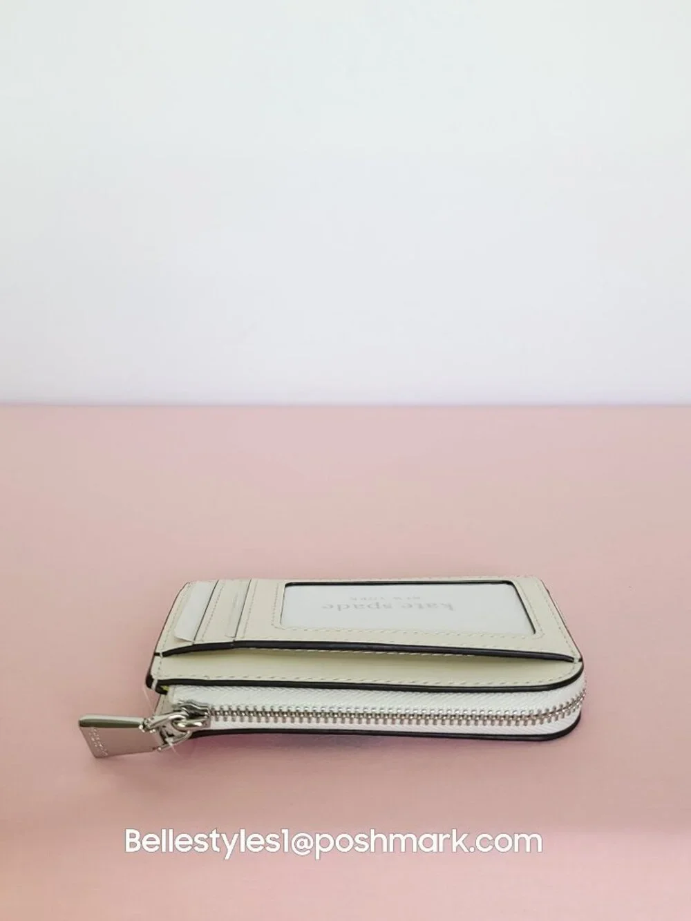 KATE SPADE Mini Zipper ID Card Case in Smooth Leather w Print-Cream multi⭐